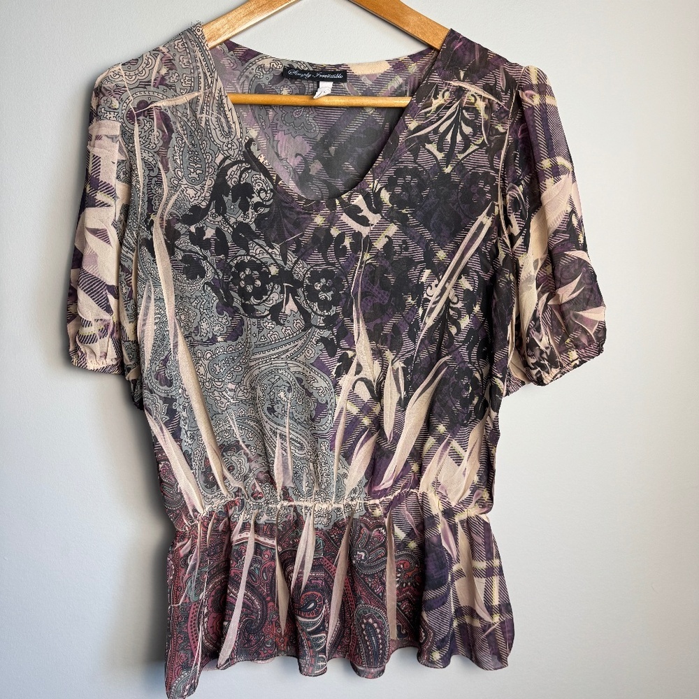 Simply Irresistible Women's Short Sleeve Sheer Satin Boho Peplum Blouse M Fairy